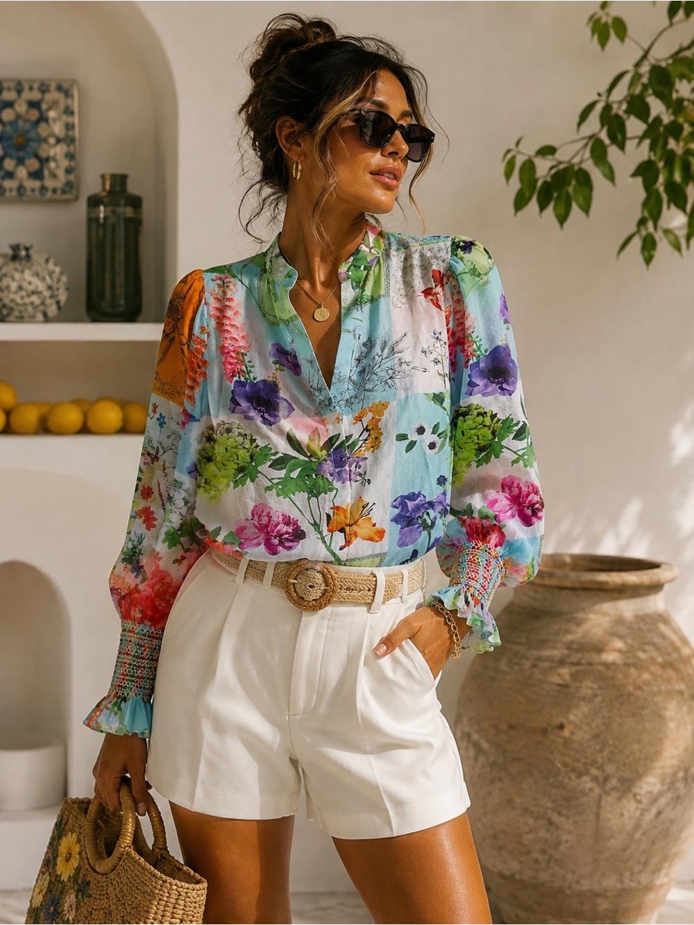 Alice + Olivia Floral Multicolor Long-Sleeve Blouse - Lightweight Women's Top